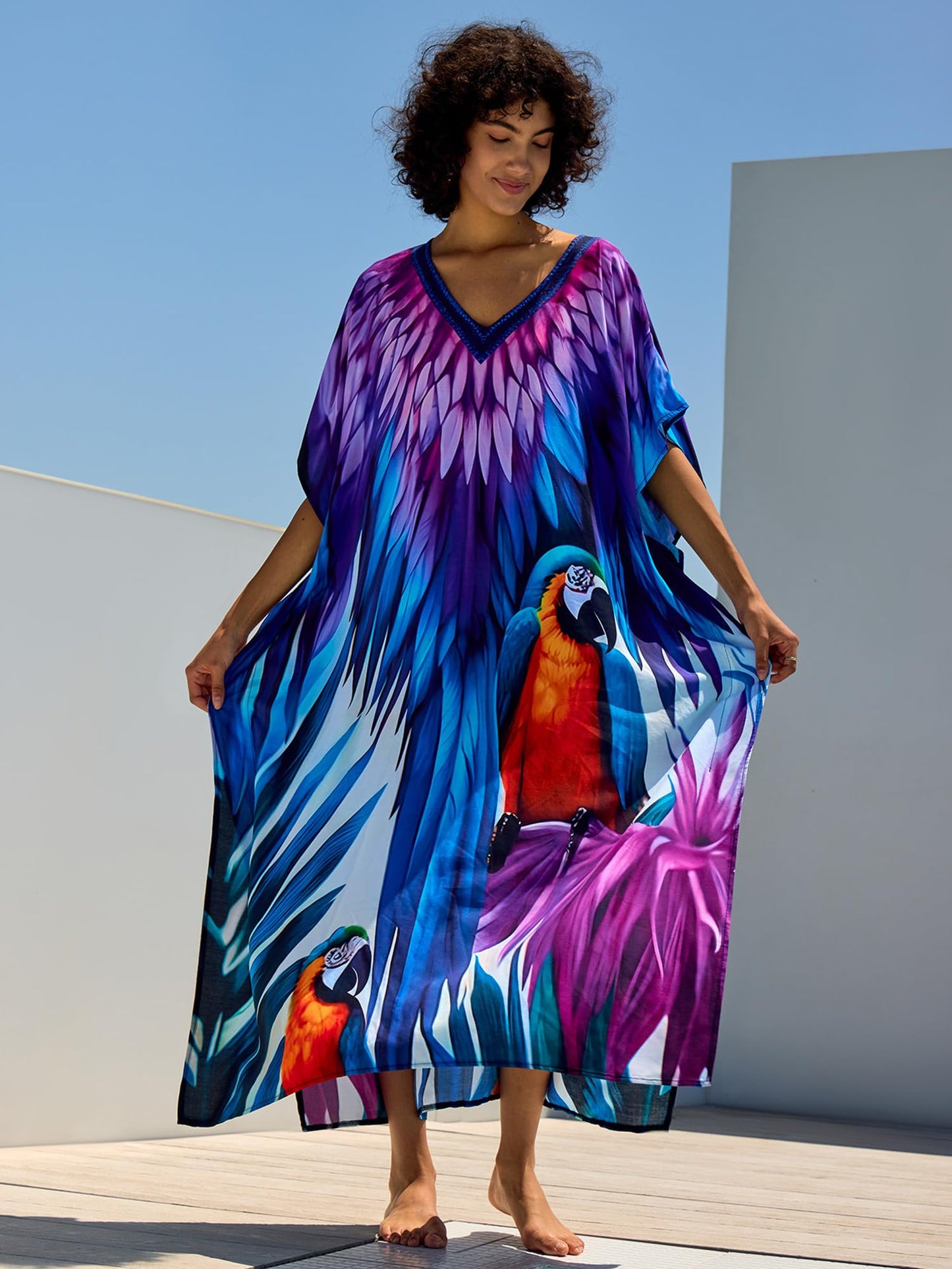 Chunoy Women V Neck Kaftan Casual Bathing Suit Kimono Sleeve Side Split Beach Cover Up Caftan Dress