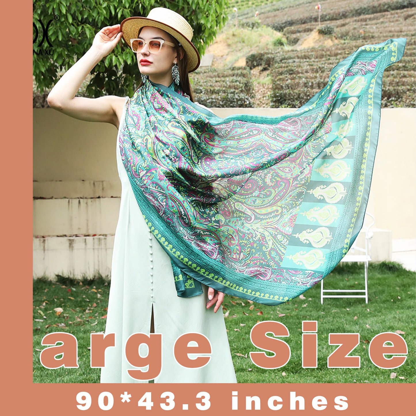 DANA XU 100% Mulberry Satin Silk Summer Travel Scarf Extra Large Women Floral Shawl Oversize Soft Wraps For Evening Dresses