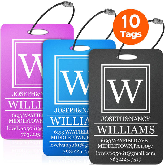 10 PCS Personalized Luggage Tags, Custom Engraved Aluminum Luggage Tags for Family, Metal Luggage Tags for Suitcases, Backpack, Custom Solid Brass Luggage Tag with Strap, Two Sided Engraving (Black)
