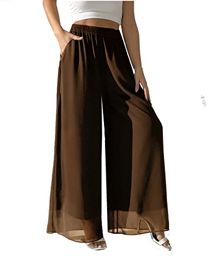 heipeiwa Women's Chiffon Dress Beach Wide Leg Palazzo Pants Elastic Waist Trouser