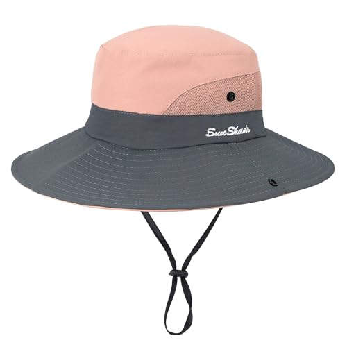 Women's Outdoor UV-Protection-Foldable Sun-Hats Mesh Wide-Brim Beach Fishing Hat with Ponytail-Hole