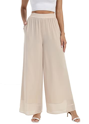 heipeiwa Women's Chiffon Dress Beach Wide Leg Palazzo Pants Elastic Waist Trouser