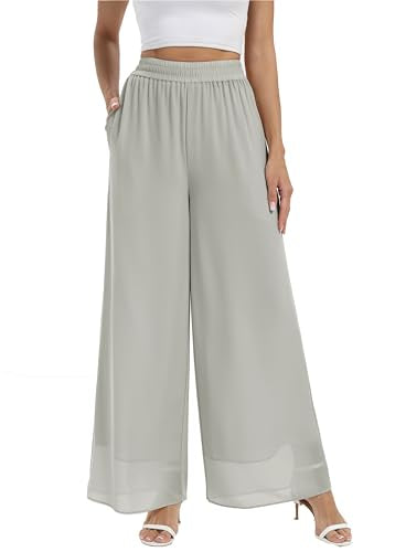 heipeiwa Women's Chiffon Dress Beach Wide Leg Palazzo Pants Elastic Waist Trouser