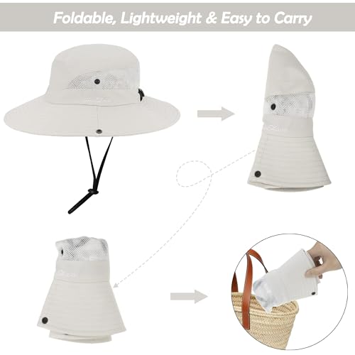 Women's Outdoor UV-Protection-Foldable Sun-Hats Mesh Wide-Brim Beach Fishing Hat with Ponytail-Hole