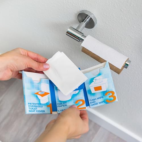 Great for travel (12-Pack) Portable Disposable Oversized Toilet Seat Cover, 3ft 3Ply Toilet Paper, Hand & Flushable Tush Wipe.
