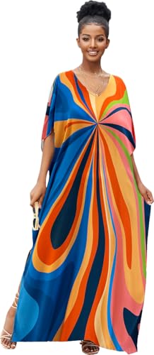 RanRui Floral Print Kaftan Dresses for Women Ethnic Boho Print Swim Cover up Batwing Sleeve Vneck Caftans
