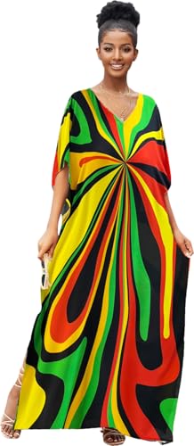 RanRui Floral Print Kaftan Dresses for Women Ethnic Boho Print Swim Cover up Batwing Sleeve Vneck Caftans