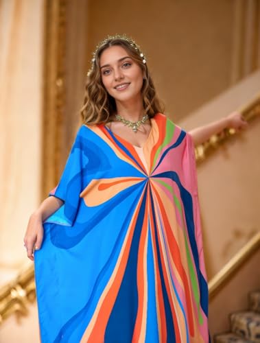 RanRui Floral Print Kaftan Dresses for Women Ethnic Boho Print Swim Cover up Batwing Sleeve Vneck Caftans