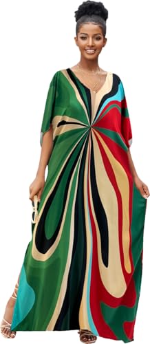 RanRui Floral Print Kaftan Dresses for Women Ethnic Boho Print Swim Cover up Batwing Sleeve Vneck Caftans
