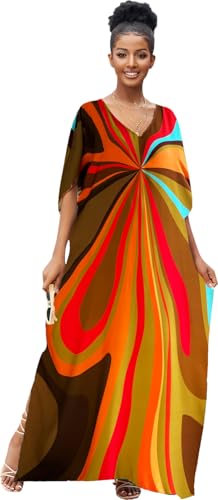 RanRui Floral Print Kaftan Dresses for Women Ethnic Boho Print Swim Cover up Batwing Sleeve Vneck Caftans