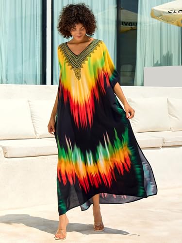 Chunoy Women V Neck Kaftan Casual Bathing Suit Kimono Sleeve Side Split Beach Cover Up Caftan Dress