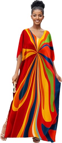 RanRui Floral Print Kaftan Dresses for Women Ethnic Boho Print Swim Cover up Batwing Sleeve Vneck Caftans