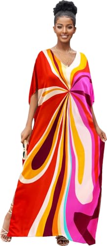 RanRui Floral Print Kaftan Dresses for Women Ethnic Boho Print Swim Cover up Batwing Sleeve Vneck Caftans
