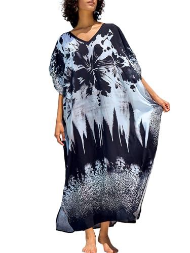 Chunoy Women V Neck Kaftan Casual Bathing Suit Kimono Sleeve Side Split Beach Cover Up Caftan Dress