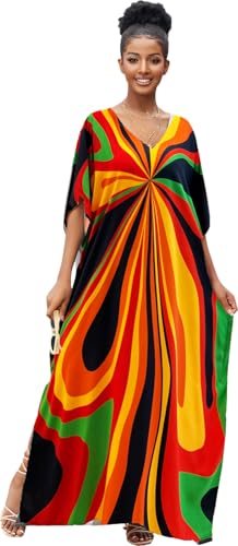 RanRui Floral Print Kaftan Dresses for Women Ethnic Boho Print Swim Cover up Batwing Sleeve Vneck Caftans