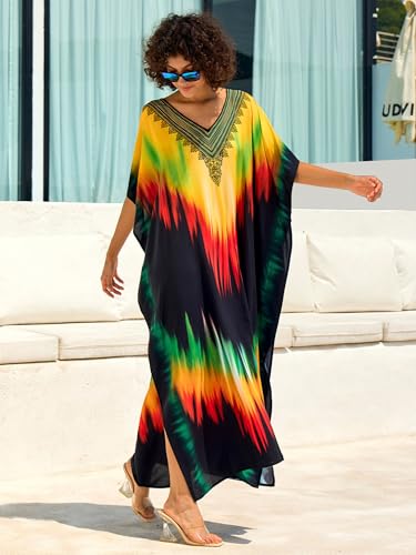 Chunoy Women V Neck Kaftan Casual Bathing Suit Kimono Sleeve Side Split Beach Cover Up Caftan Dress