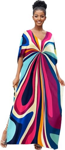 RanRui Floral Print Kaftan Dresses for Women Ethnic Boho Print Swim Cover up Batwing Sleeve Vneck Caftans