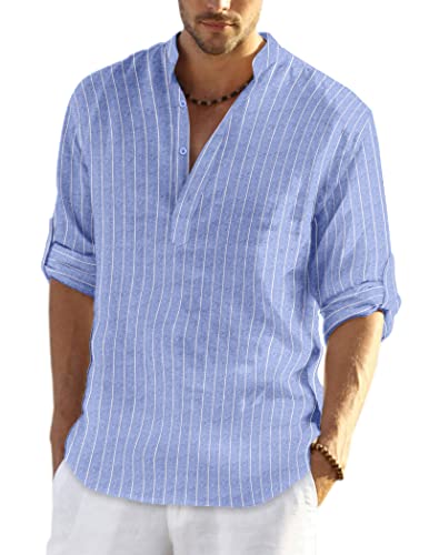 COOFANDY Men's Cotton Linen Henley T-Shirts Long Sleeve Hippie Casual Beach T-Shirts