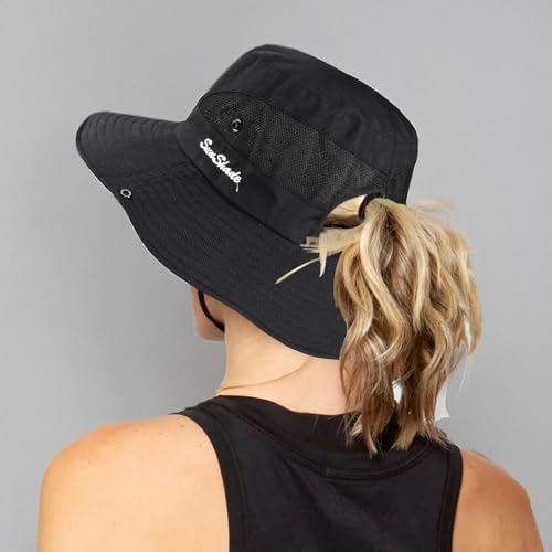 Women's Outdoor UV-Protection-Foldable Sun-Hats Mesh Wide-Brim Beach Fishing Hat with Ponytail-Hole