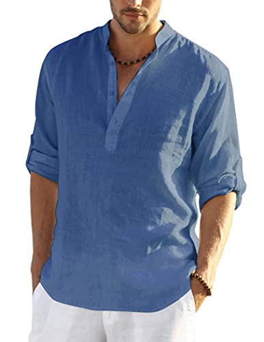 COOFANDY Men's Cotton Linen Henley T-Shirts Long Sleeve Hippie Casual Beach T-Shirts