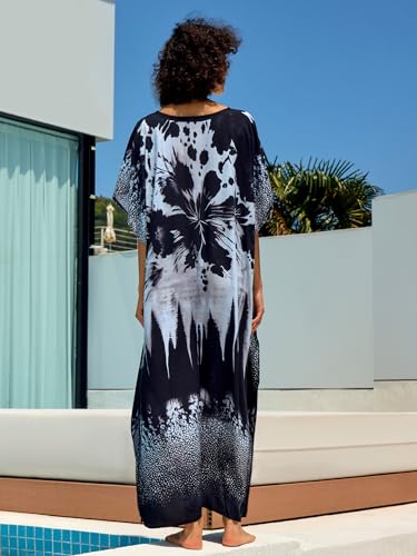 Chunoy Women V Neck Kaftan Casual Bathing Suit Kimono Sleeve Side Split Beach Cover Up Caftan Dress