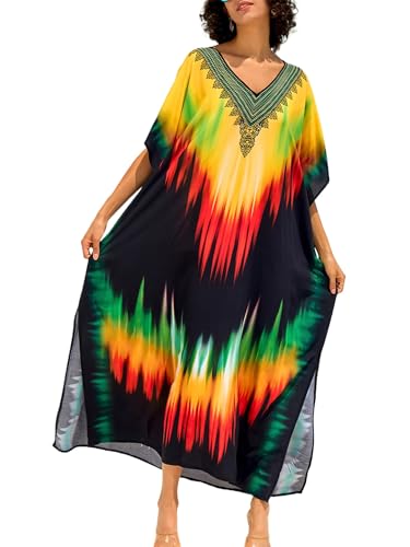Chunoy Women V Neck Kaftan Casual Bathing Suit Kimono Sleeve Side Split Beach Cover Up Caftan Dress