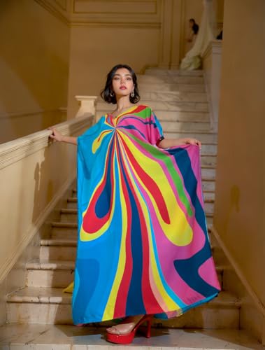 RanRui Floral Print Kaftan Dresses for Women Ethnic Boho Print Swim Cover up Batwing Sleeve Vneck Caftans