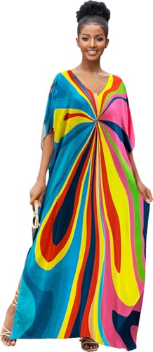 RanRui Floral Print Kaftan Dresses for Women Ethnic Boho Print Swim Cover up Batwing Sleeve Vneck Caftans