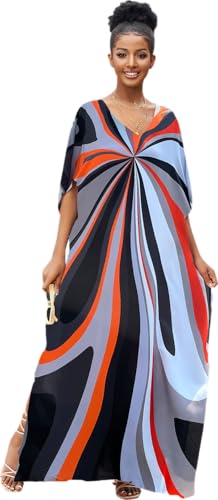 RanRui Floral Print Kaftan Dresses for Women Ethnic Boho Print Swim Cover up Batwing Sleeve Vneck Caftans