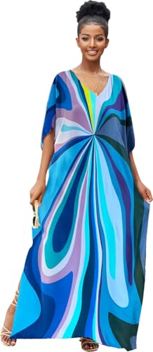 RanRui Floral Print Kaftan Dresses for Women Ethnic Boho Print Swim Cover up Batwing Sleeve Vneck Caftans