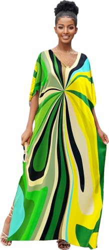 RanRui Floral Print Kaftan Dresses for Women Ethnic Boho Print Swim Cover up Batwing Sleeve Vneck Caftans