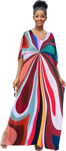 RanRui Floral Print Kaftan Dresses for Women Ethnic Boho Print Swim Cover up Batwing Sleeve Vneck Caftans