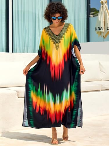 Chunoy Women V Neck Kaftan Casual Bathing Suit Kimono Sleeve Side Split Beach Cover Up Caftan Dress