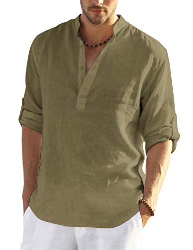 COOFANDY Men's Cotton Linen Henley T-Shirts Long Sleeve Hippie Casual Beach T-Shirts