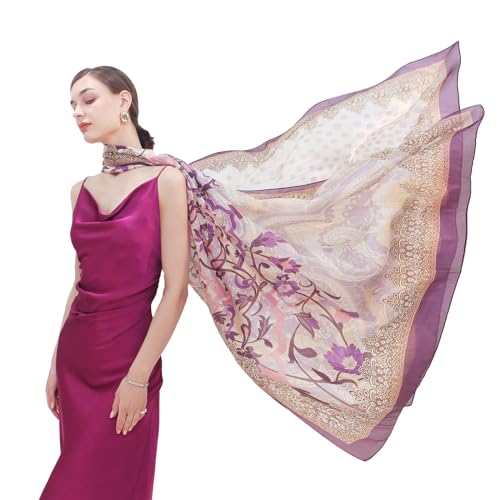 DANA XU 100% Mulberry Satin Silk Summer Travel Scarf Extra Large Women Floral Shawl Oversize Soft Wraps For Evening Dresses