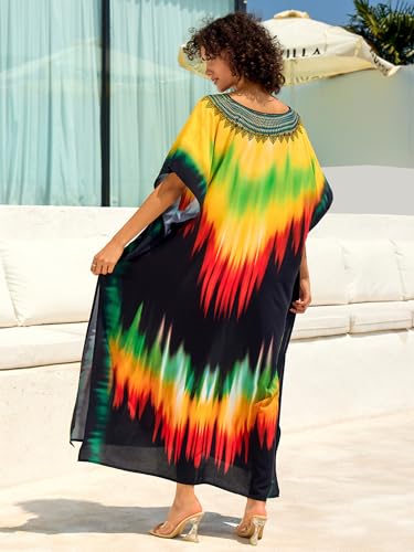 Chunoy Women V Neck Kaftan Casual Bathing Suit Kimono Sleeve Side Split Beach Cover Up Caftan Dress