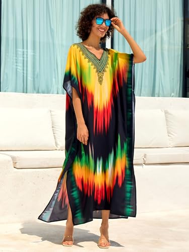 Chunoy Women V Neck Kaftan Casual Bathing Suit Kimono Sleeve Side Split Beach Cover Up Caftan Dress