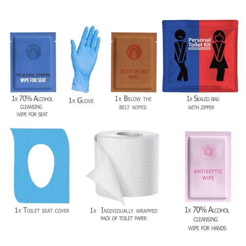 Public Restroom Kit: Pack of On-The-Go Bathroom Kits with Toilet Paper for Travel - Public Toilet Survival Kit Including Gloves, Wipes, Seat Covers in Zip Top Bag
