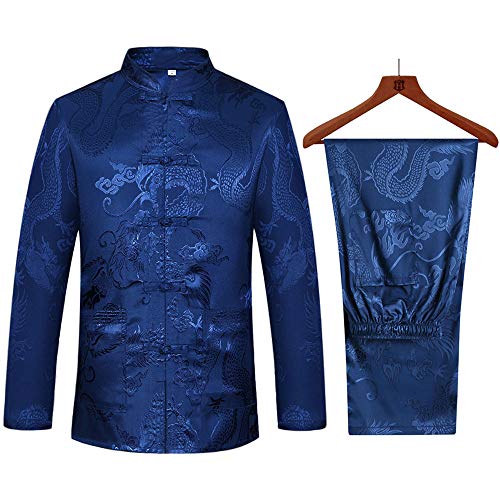 wecotton Tang Suit Men Hanfu Chinese Traditional Clothes Kung Fu Shirt Uniform Long Sleeved Coat Tops and Pants