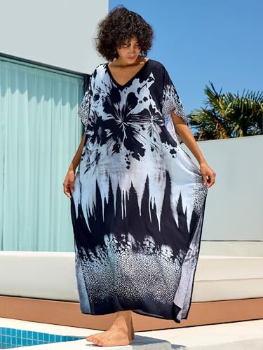 Chunoy Women V Neck Kaftan Casual Bathing Suit Kimono Sleeve Side Split Beach Cover Up Caftan Dress