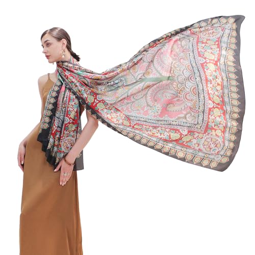 DANA XU 100% Mulberry Satin Silk Summer Travel Scarf Extra Large Women Floral Shawl Oversize Soft Wraps For Evening Dresses