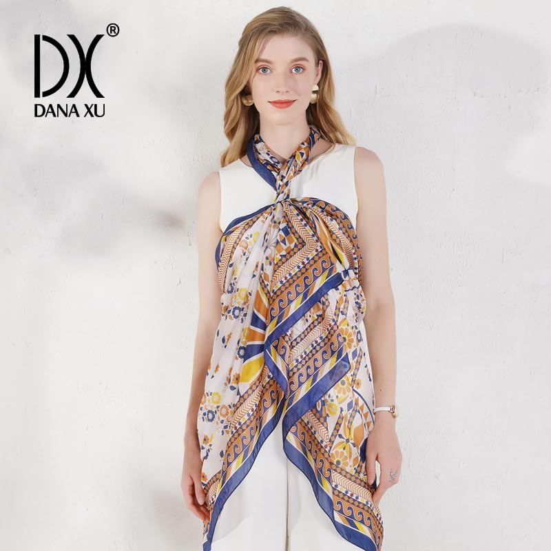 DANA XU 100% Mulberry Satin Silk Summer Travel Scarf Extra Large Women Floral Shawl Oversize Soft Wraps For Evening Dresses
