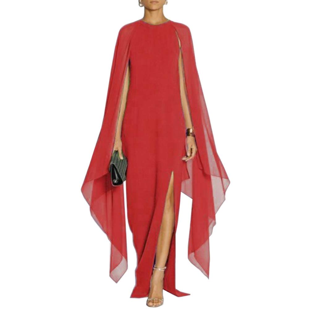 MAYFASEY Women's Elegant High Split Flare Sleeve Formal Evening Gowns Maxi Dress with Cape