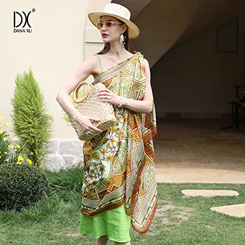 DANA XU 100% Mulberry Satin Silk Summer Travel Scarf Extra Large Women Floral Shawl Oversize Soft Wraps For Evening Dresses