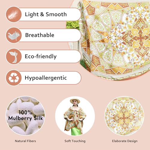 DANA XU 100% Mulberry Satin Silk Summer Travel Scarf Extra Large Women Floral Shawl Oversize Soft Wraps For Evening Dresses
