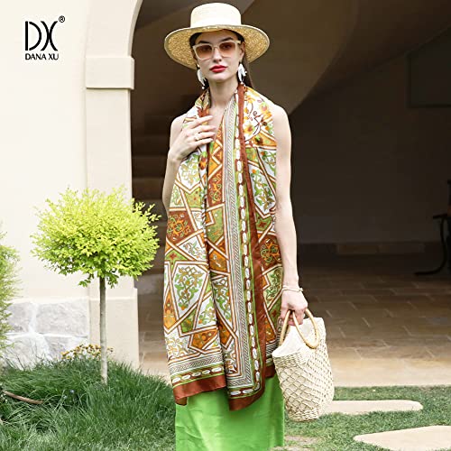 DANA XU 100% Mulberry Satin Silk Summer Travel Scarf Extra Large Women Floral Shawl Oversize Soft Wraps For Evening Dresses