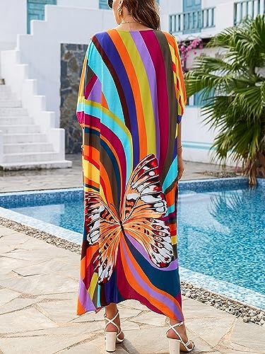 Chunoy Women V Neck Kaftan Casual Bathing Suit Kimono Sleeve Side Split Beach Cover Up Caftan Dress