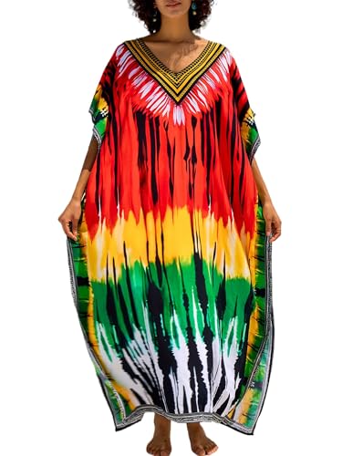Chunoy Women V Neck Kaftan Casual Bathing Suit Kimono Sleeve Side Split Beach Cover Up Caftan Dress