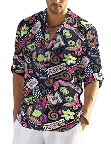 COOFANDY Men's Cotton Linen Henley T-Shirts Long Sleeve Hippie Casual Beach T-Shirts