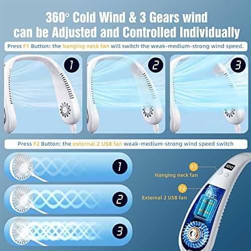 Portable Neck Fan, 9000mAh Hand Free Neck Fan, Neck Fan Air Conditioner, Bladeless Cooling Personal Neck Fan with 4 Air Outlet 3 speed for Travel, Camping, Yard Work, White